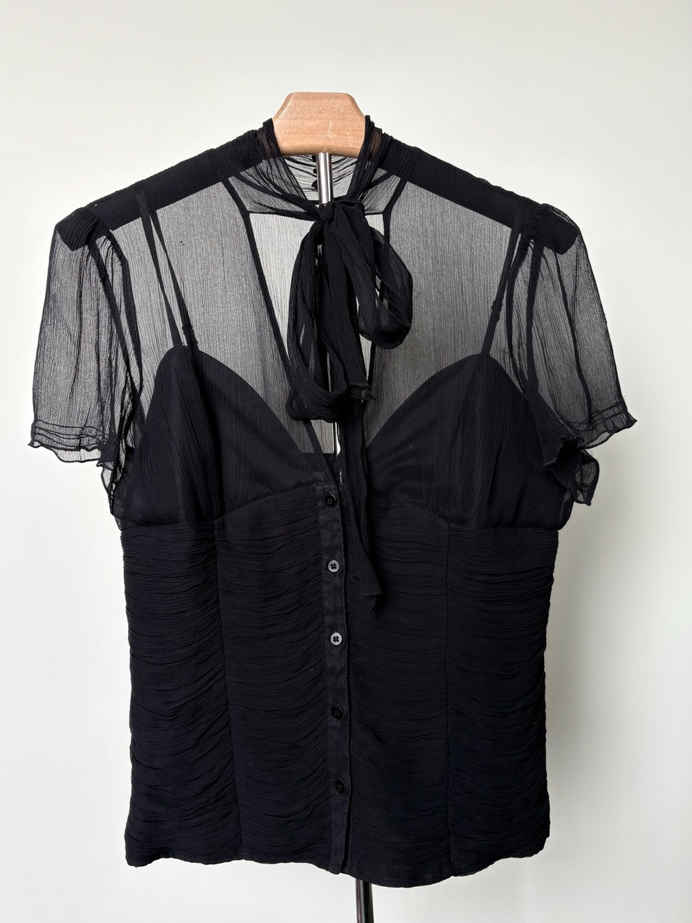 Guess by Marciano Black Sheer Tie-Neck Ruched Blouse - Picture 7 of 9